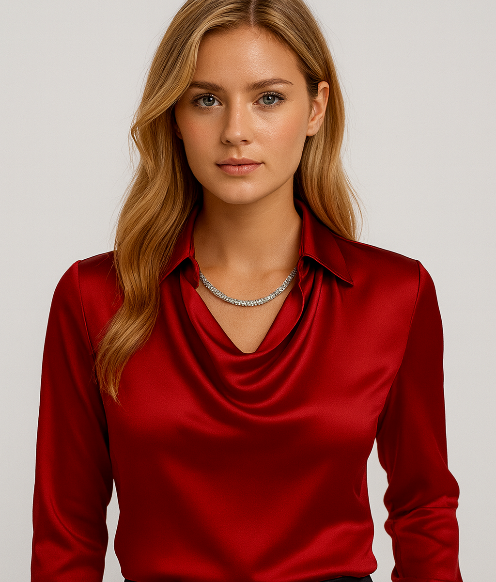 Isabella De Cortena | White Satin Blouse with Waterfall Neckline