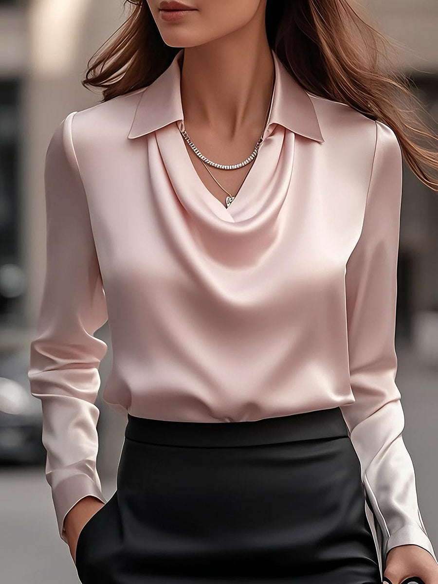 Isabella De Cortena | White Satin Blouse with Waterfall Neckline
