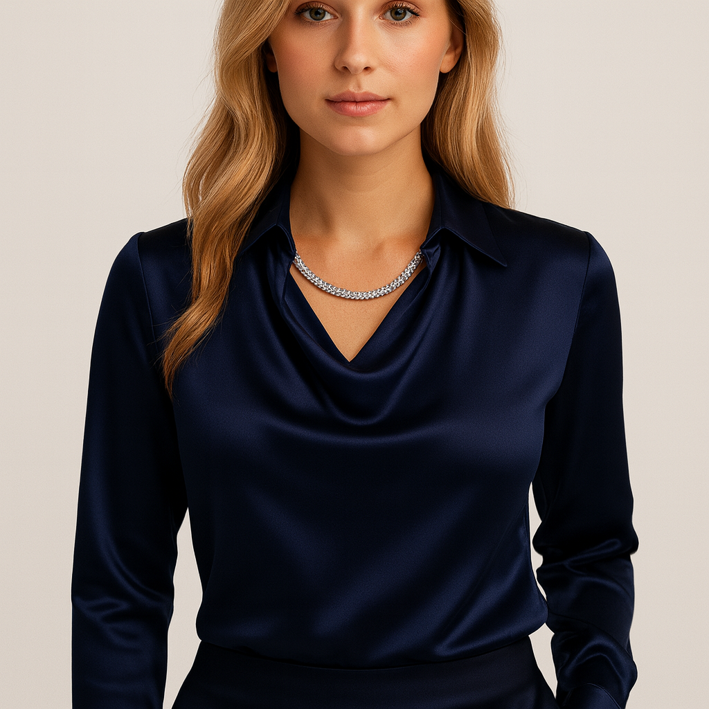 Isabella De Cortena | White Satin Blouse with Waterfall Neckline