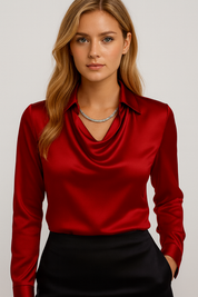 Isabella De Cortena | White Satin Blouse with Waterfall Neckline
