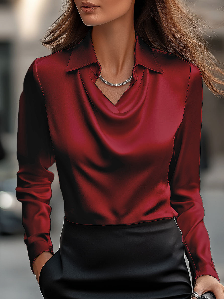 Isabella De Cortena | White Satin Blouse with Waterfall Neckline