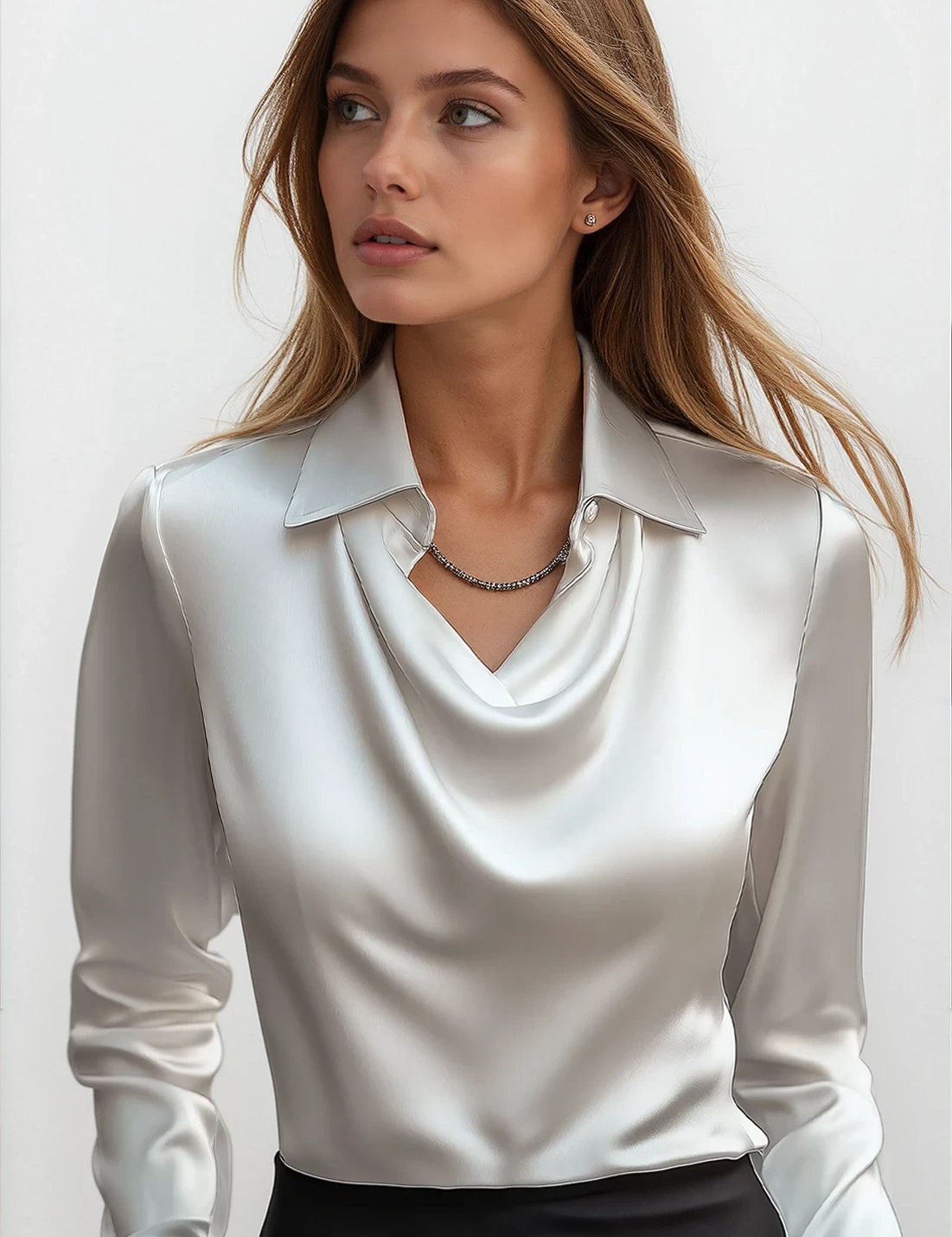 Isabella De Cortena | White Satin Blouse with Waterfall Neckline