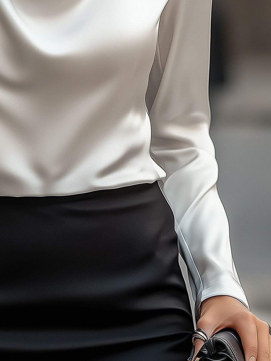 Isabella De Cortena | White Satin Blouse with Waterfall Neckline