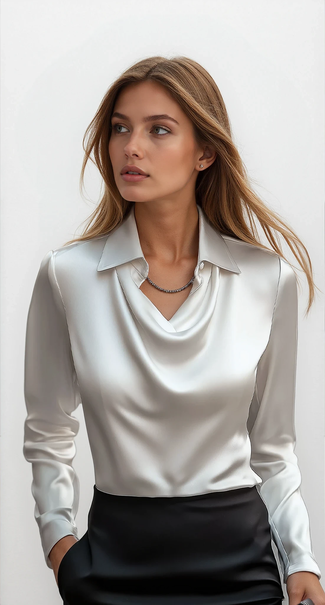 Isabella De Cortena | White Satin Blouse with Waterfall Neckline