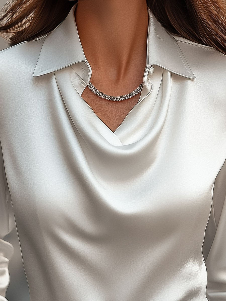 Isabella De Cortena | White Satin Blouse with Waterfall Neckline