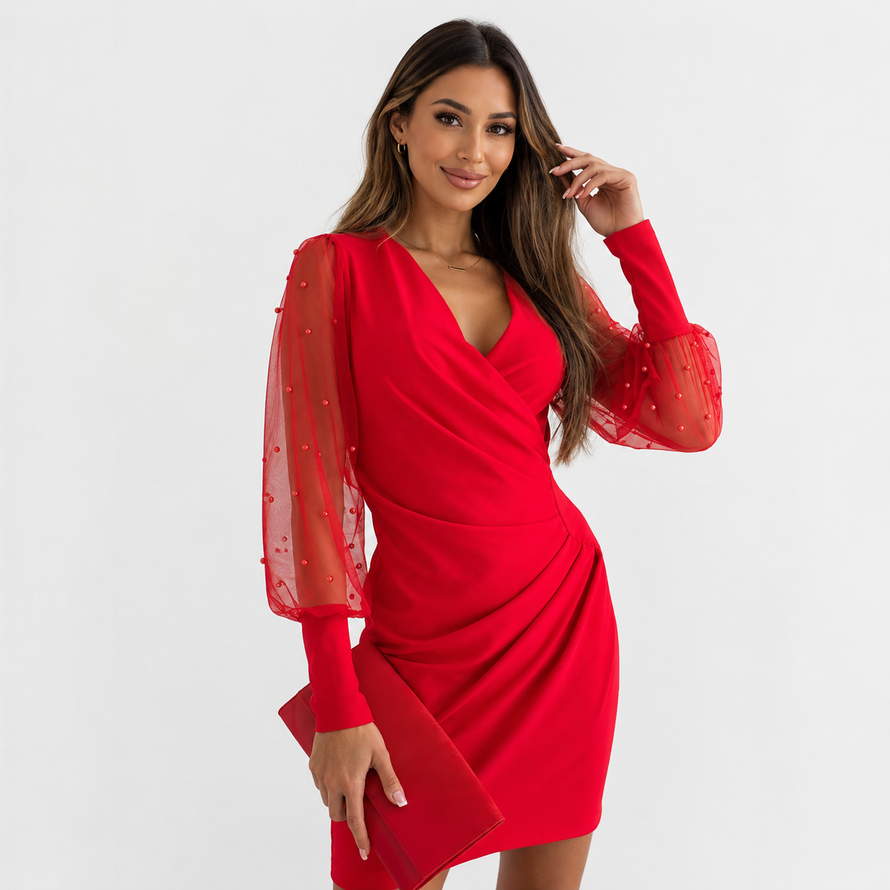 Isabella Montclair | Women’s Mini Wrap Dress – Sheer Chiffon Sleeves & V-Neck