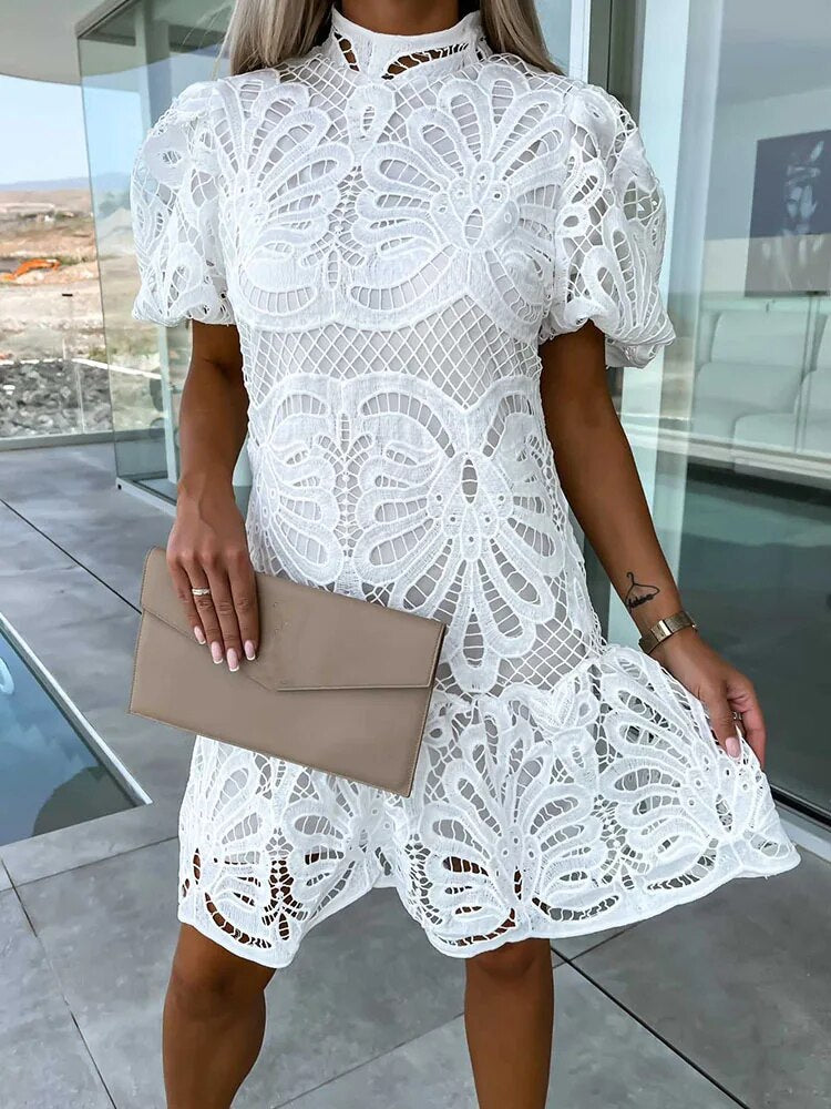 Isabelle Courtray | White Lace Mock-Neck Midi Dress