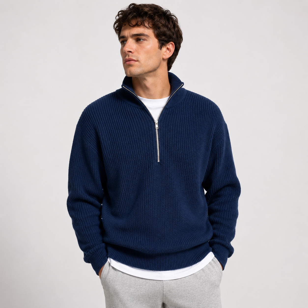 James Whitmore | Pull en maille côtelée à demi-zip pour homme, bleu marine