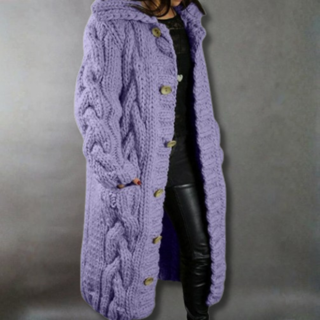 Nora Fenchurch | Manteau cardigan à capuche en maille torsadée épaisse