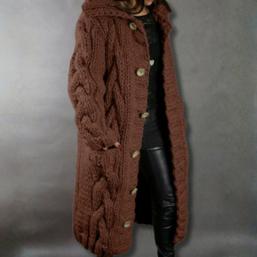 Nora Fenchurch | Manteau cardigan à capuche en maille torsadée épaisse