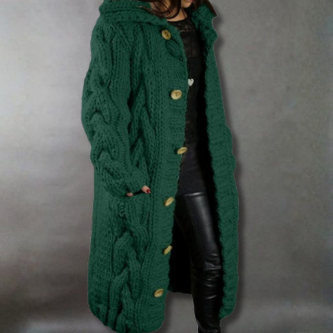 Nora Fenchurch | Manteau cardigan à capuche en maille torsadée épaisse
