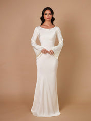 Beatrice Holloway | Ivory Satin Maxi Dress with Fluted Sleeves