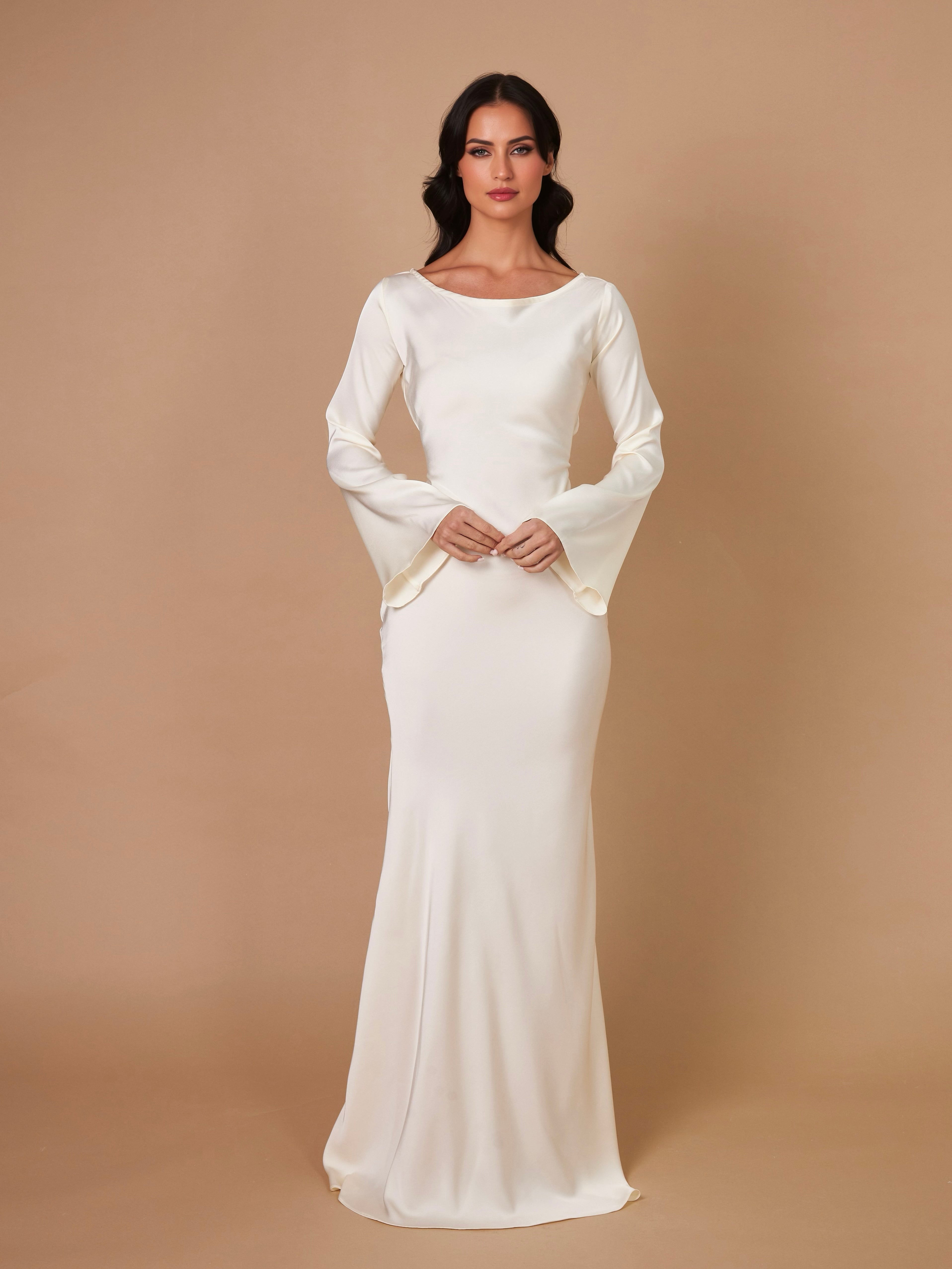 Beatrice Holloway | Ivory Satin Maxi Dress with Fluted Sleeves