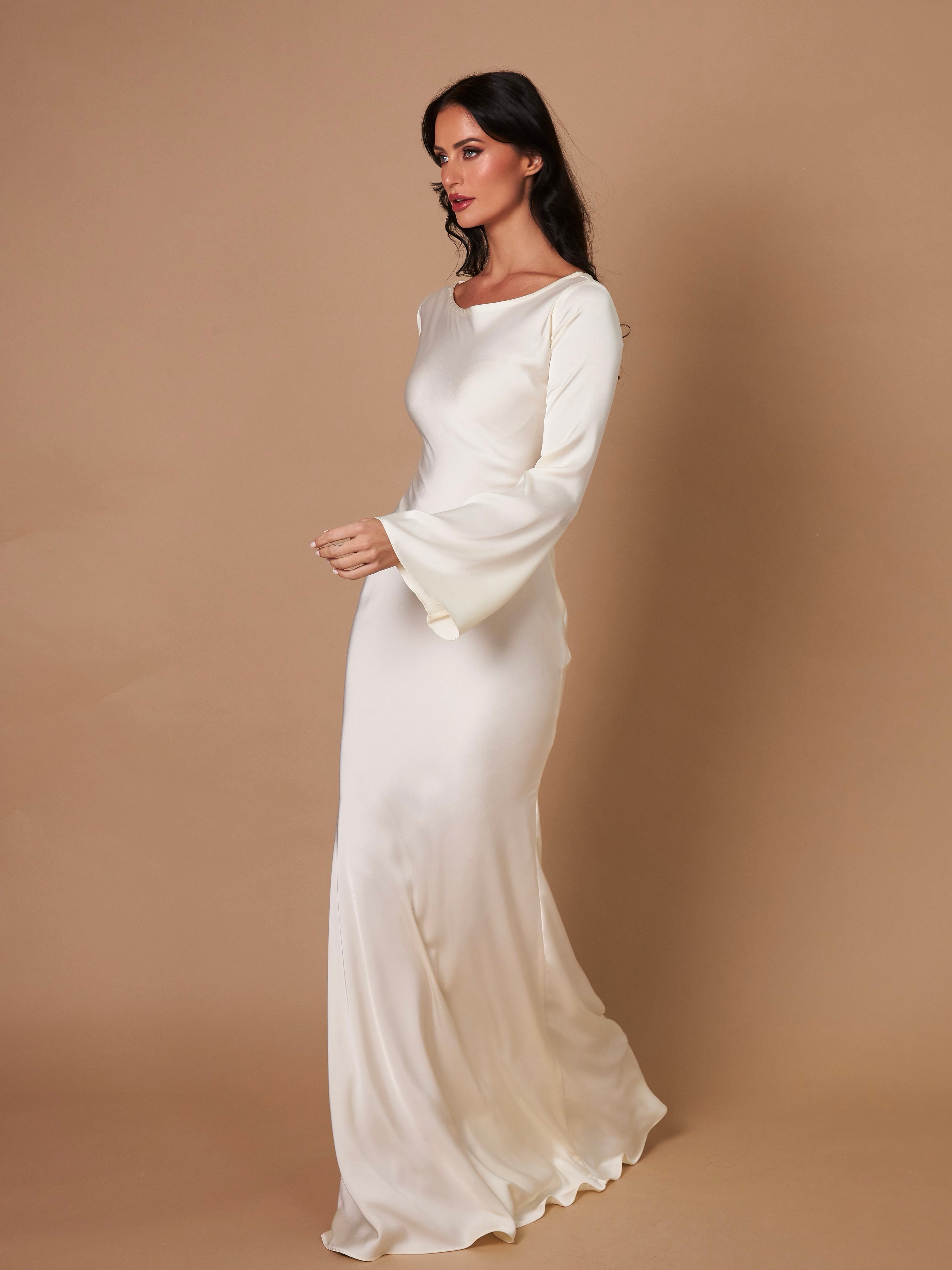 Beatrice Holloway | Ivory Satin Maxi Dress with Fluted Sleeves