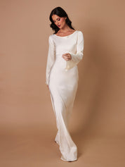 Beatrice Holloway | Ivory Satin Maxi Dress with Fluted Sleeves