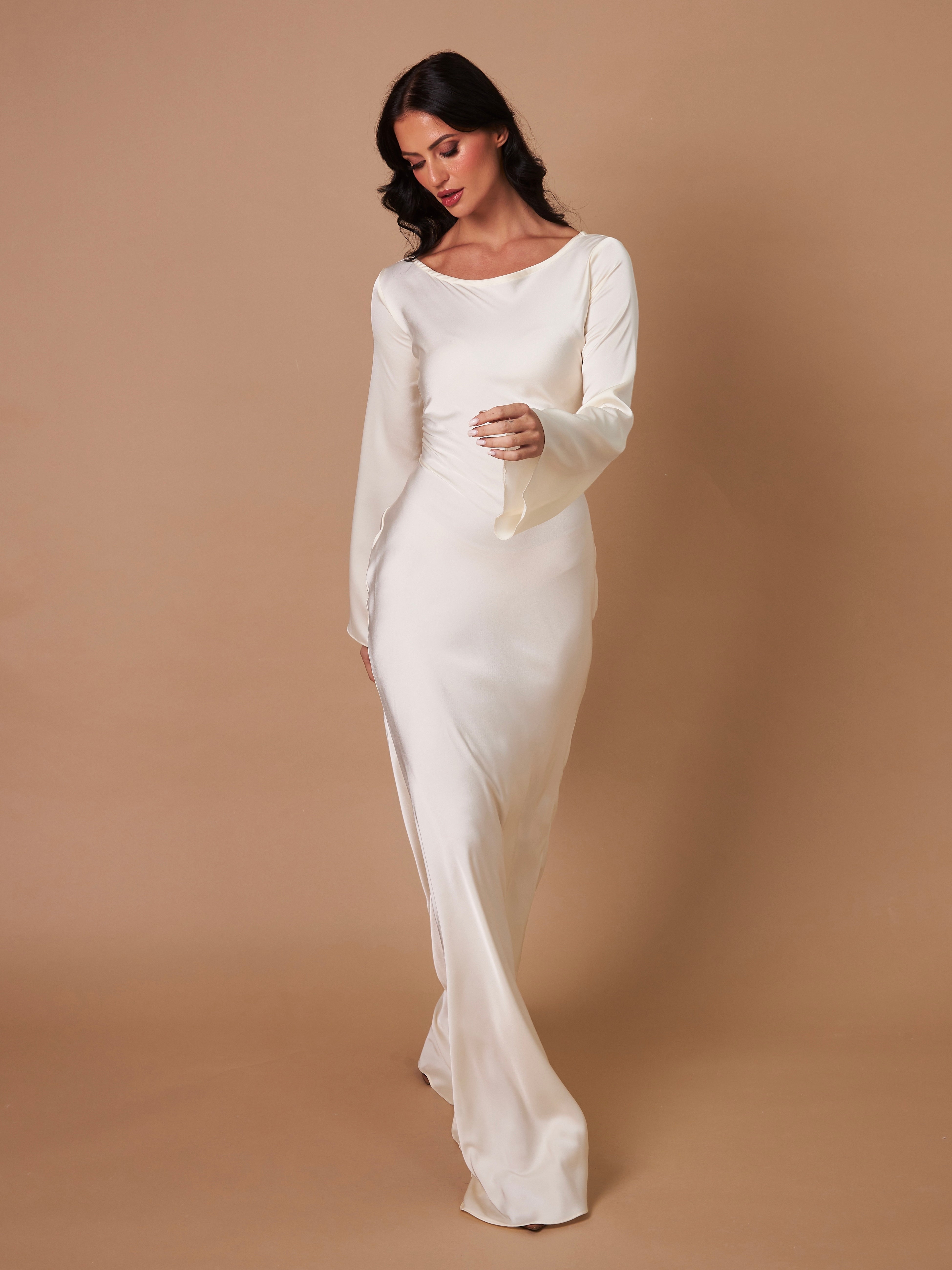 Beatrice Holloway | Ivory Satin Maxi Dress with Fluted Sleeves