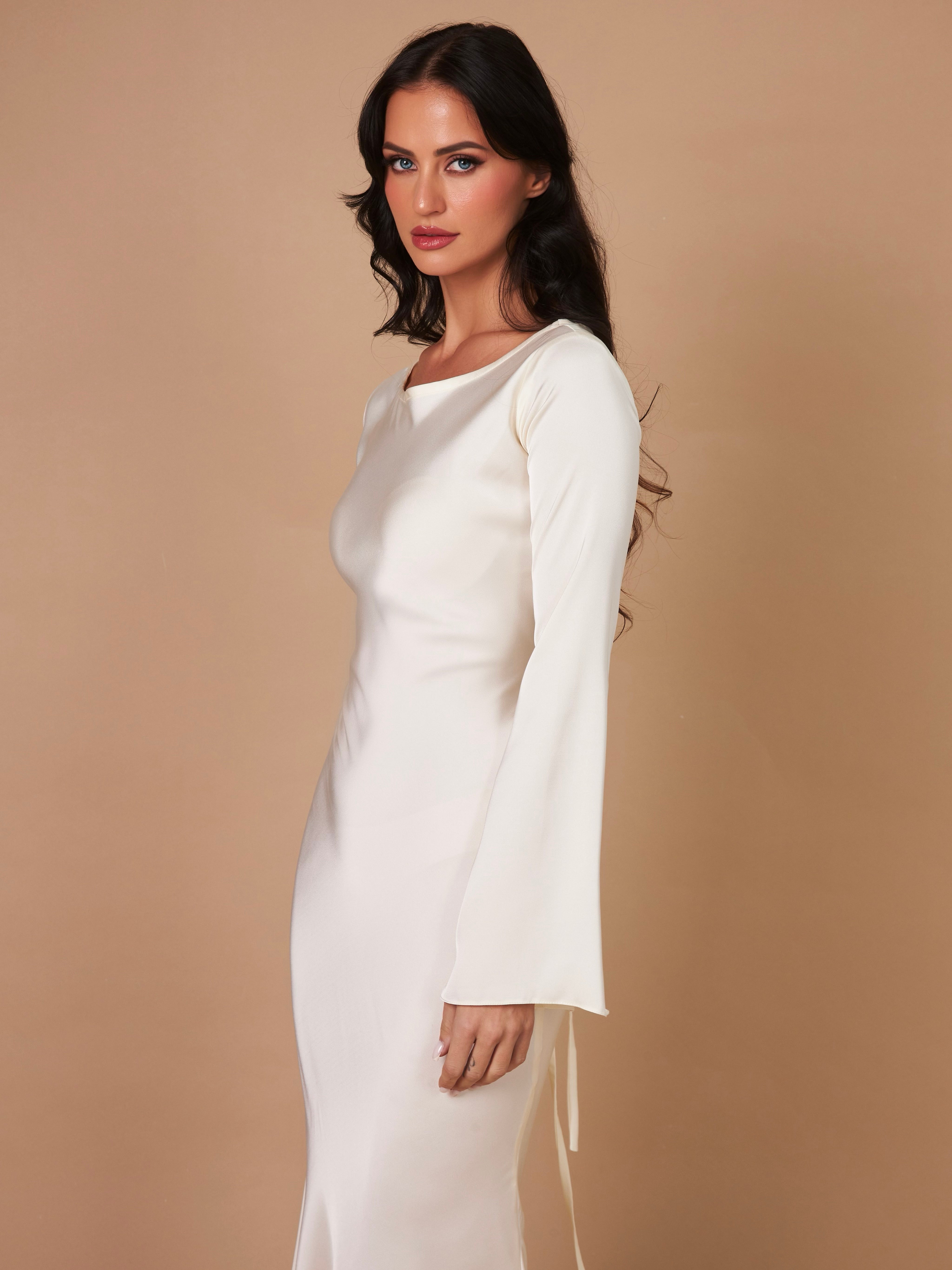 Beatrice Holloway | Ivory Satin Maxi Dress with Fluted Sleeves