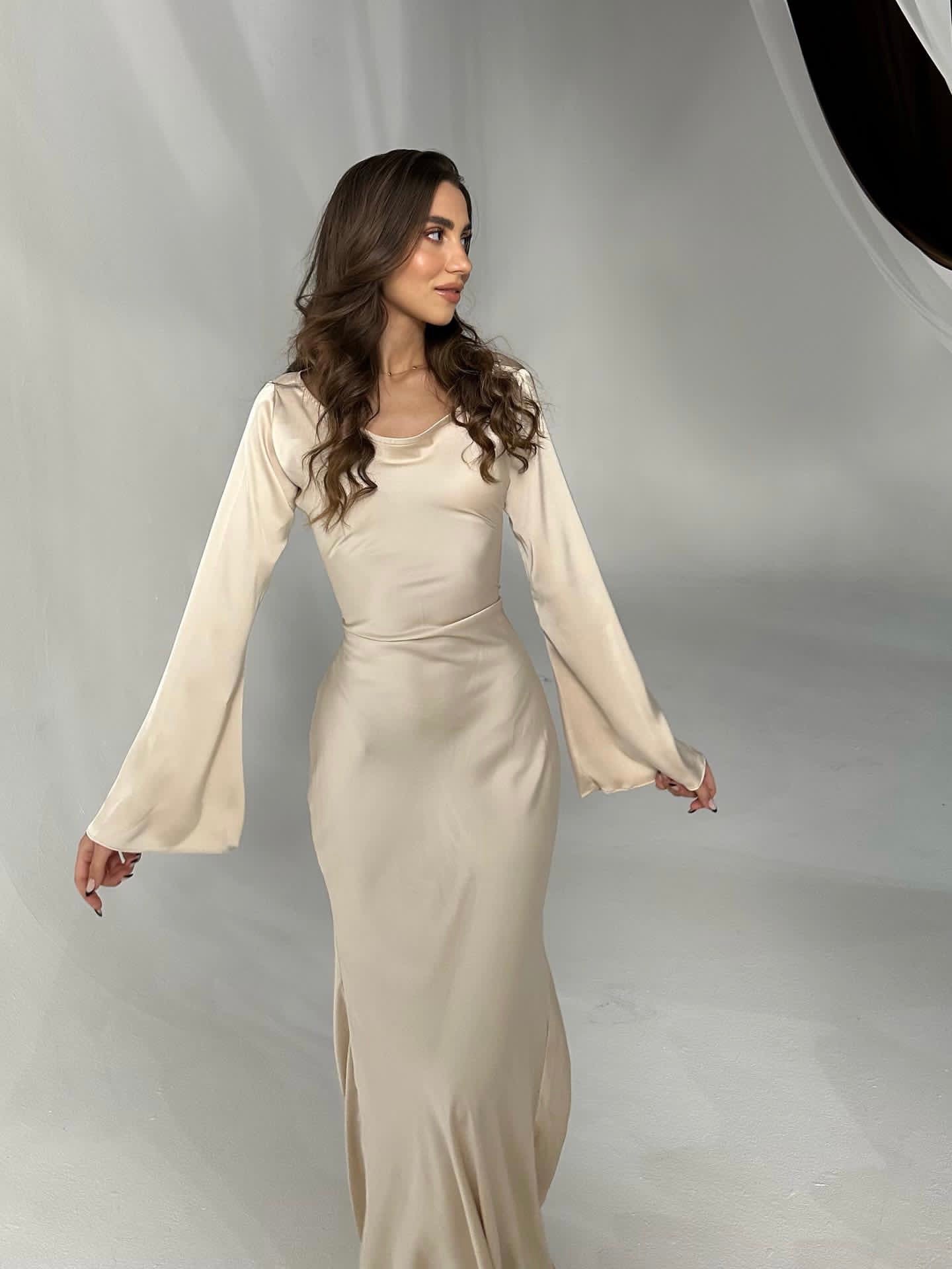 Beatrice Holloway | Ivory Satin Maxi Dress with Fluted Sleeves