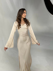 Beatrice Holloway | Ivory Satin Maxi Dress with Fluted Sleeves