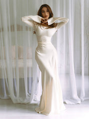 Beatrice Holloway | Ivory Satin Maxi Dress with Fluted Sleeves