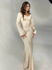 Beatrice Holloway | Ivory Satin Maxi Dress with Fluted Sleeves