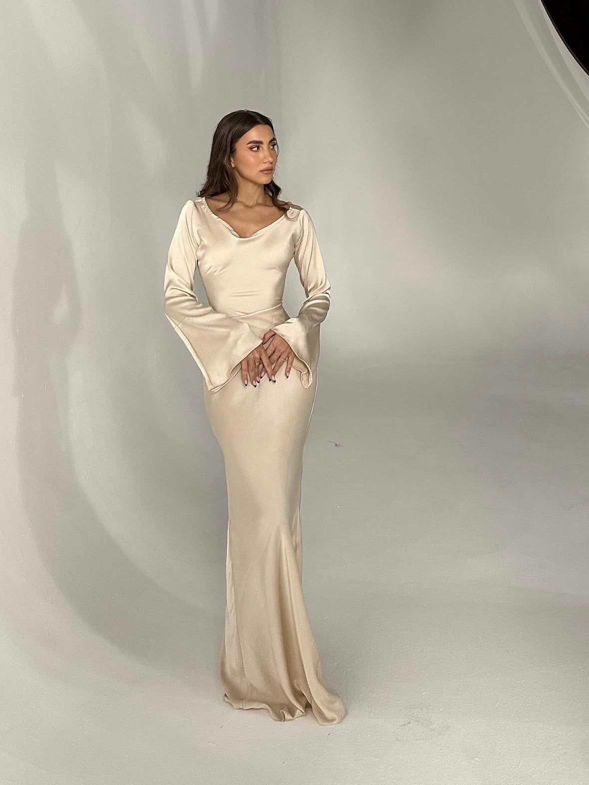 Beatrice Holloway | Ivory Satin Maxi Dress with Fluted Sleeves