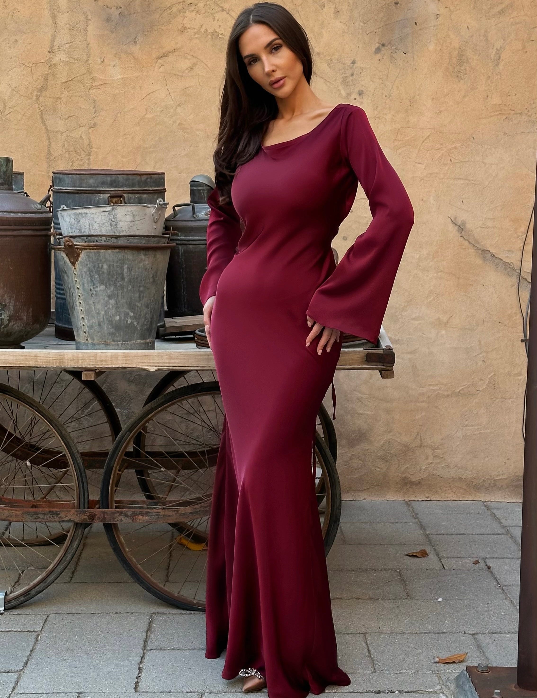 Beatrice Holloway | Ivory Satin Maxi Dress with Fluted Sleeves