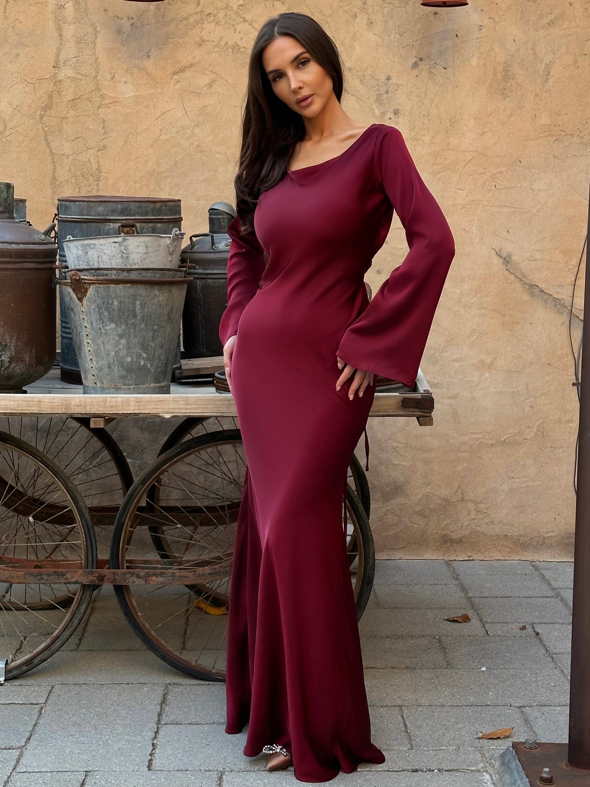 Beatrice Holloway | Ivory Satin Maxi Dress with Fluted Sleeves