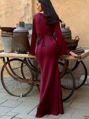 Beatrice Holloway | Ivory Satin Maxi Dress with Fluted Sleeves