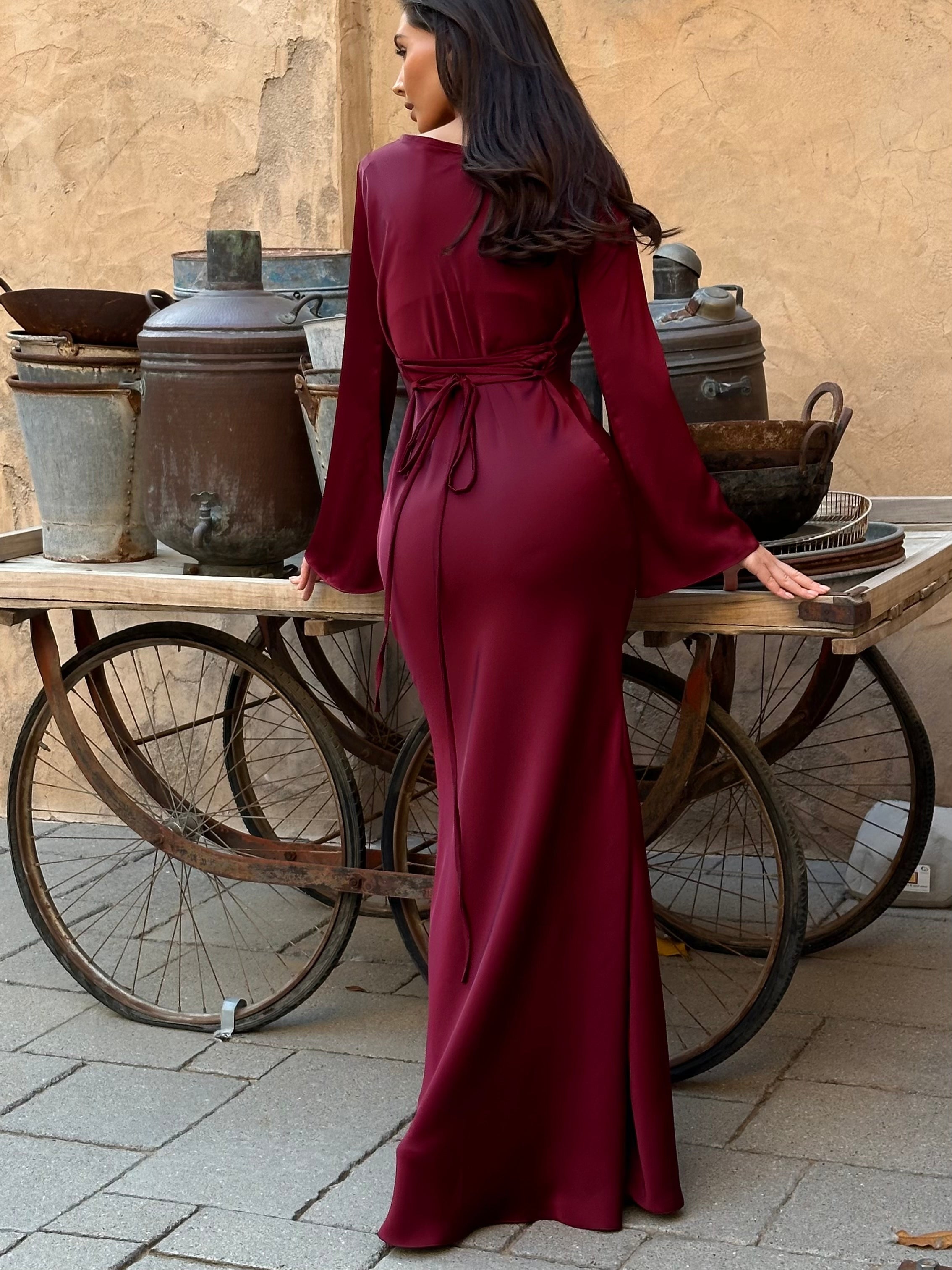 Beatrice Holloway | Ivory Satin Maxi Dress with Fluted Sleeves