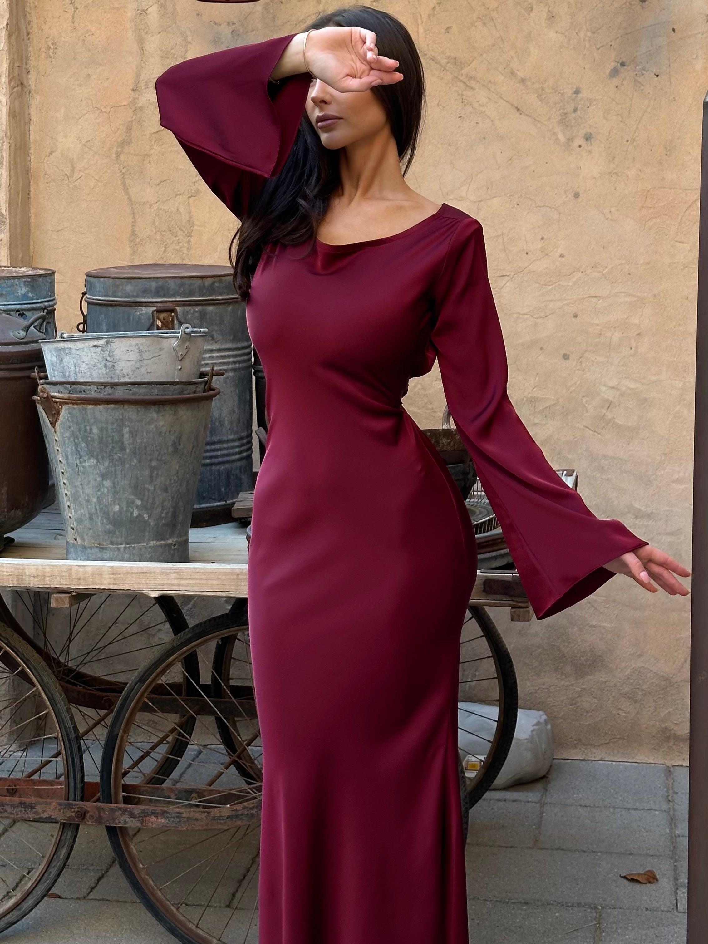 Beatrice Holloway | Ivory Satin Maxi Dress with Fluted Sleeves