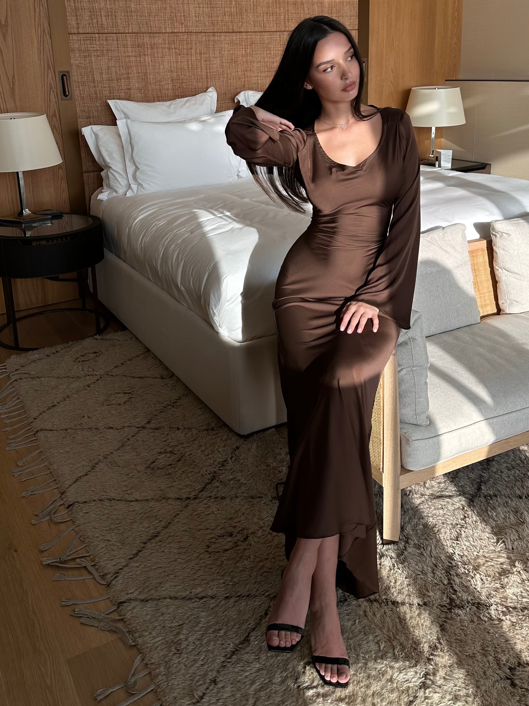 Beatrice Holloway | Ivory Satin Maxi Dress with Fluted Sleeves