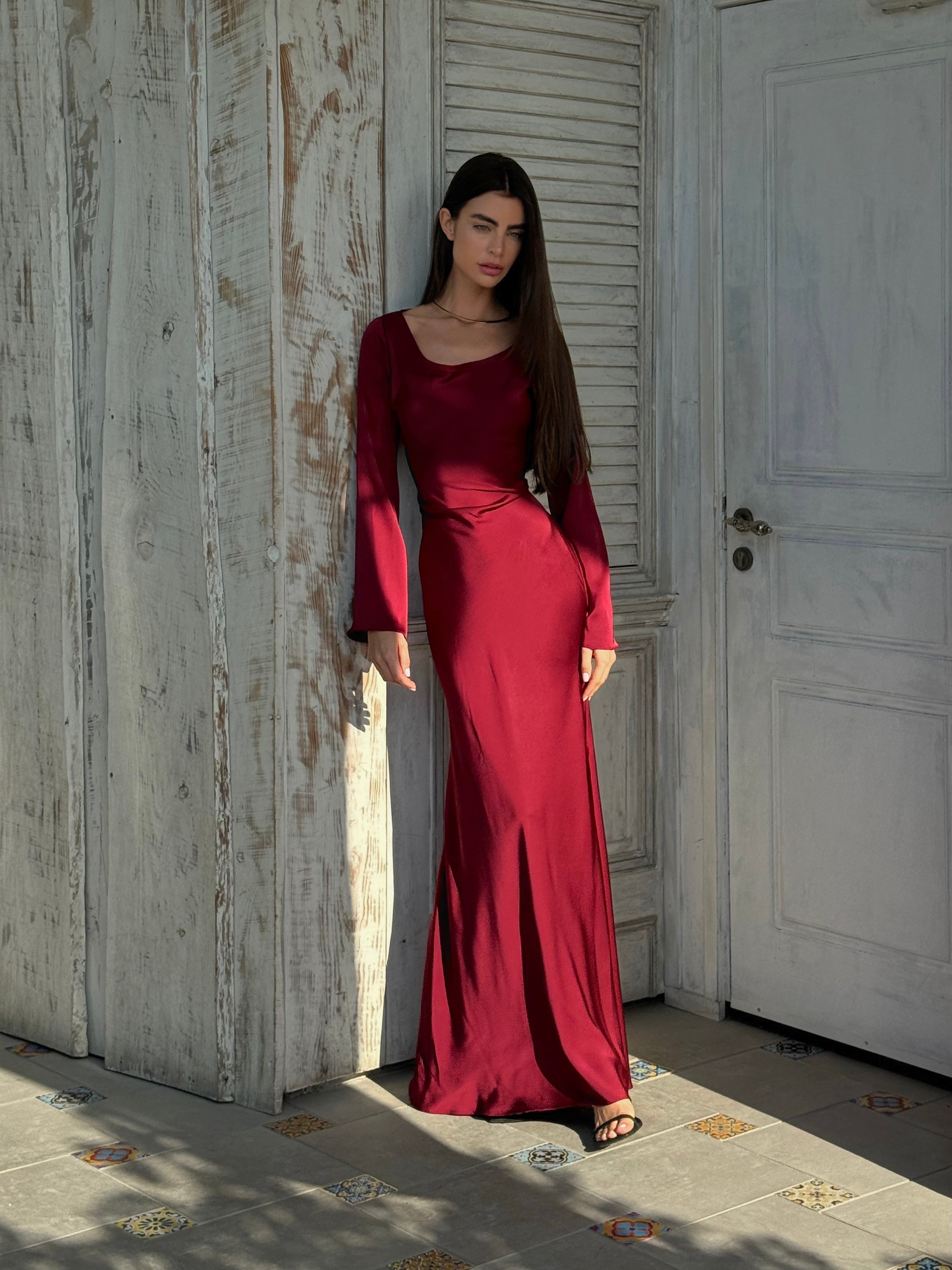 Beatrice Holloway | Ivory Satin Maxi Dress with Fluted Sleeves