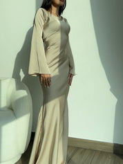 Beatrice Holloway | Ivory Satin Maxi Dress with Fluted Sleeves