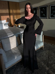 Beatrice Holloway | Ivory Satin Maxi Dress with Fluted Sleeves
