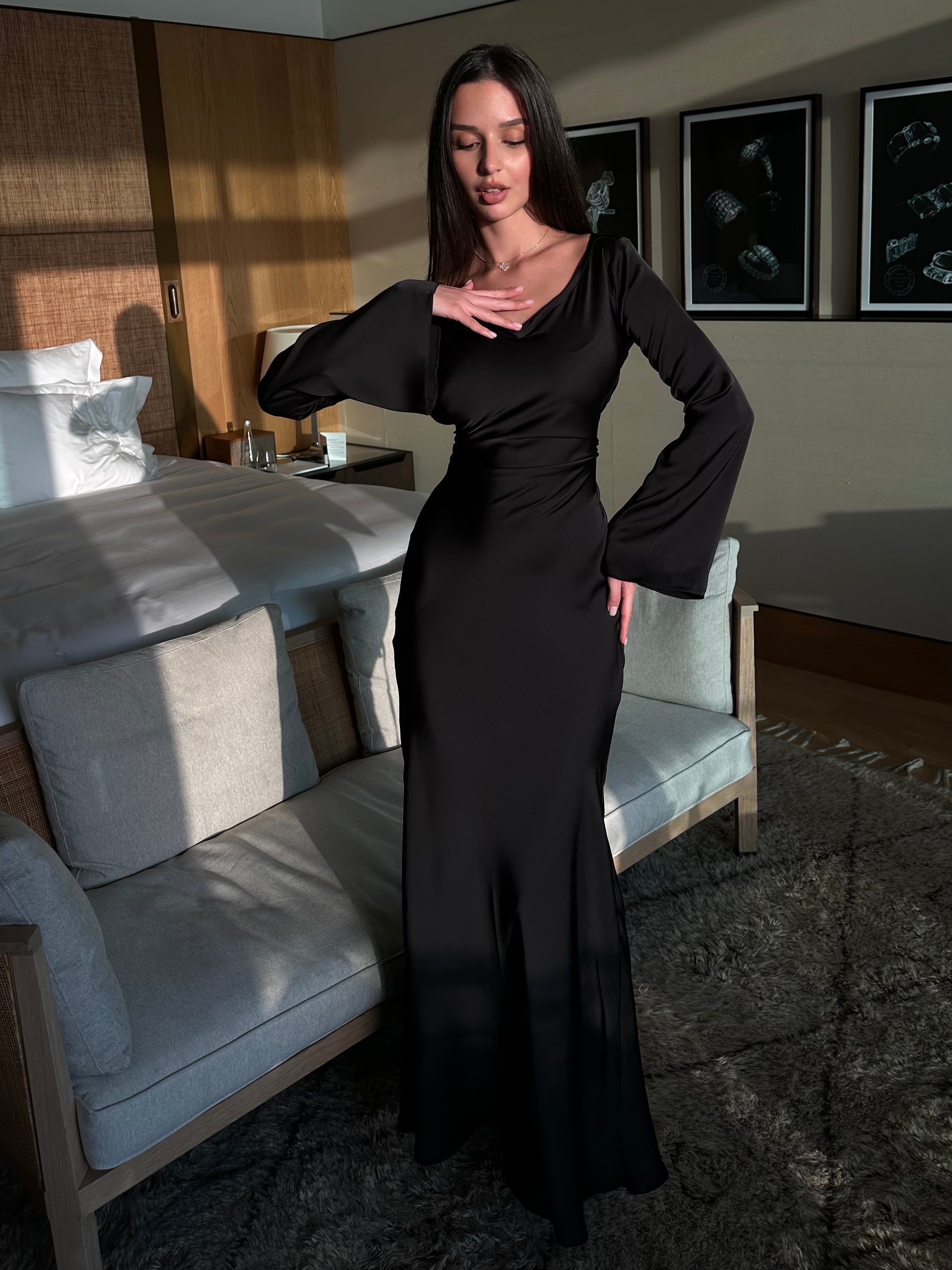 Beatrice Holloway | Ivory Satin Maxi Dress with Fluted Sleeves