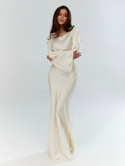 Beatrice Holloway | Ivory Satin Maxi Dress with Fluted Sleeves