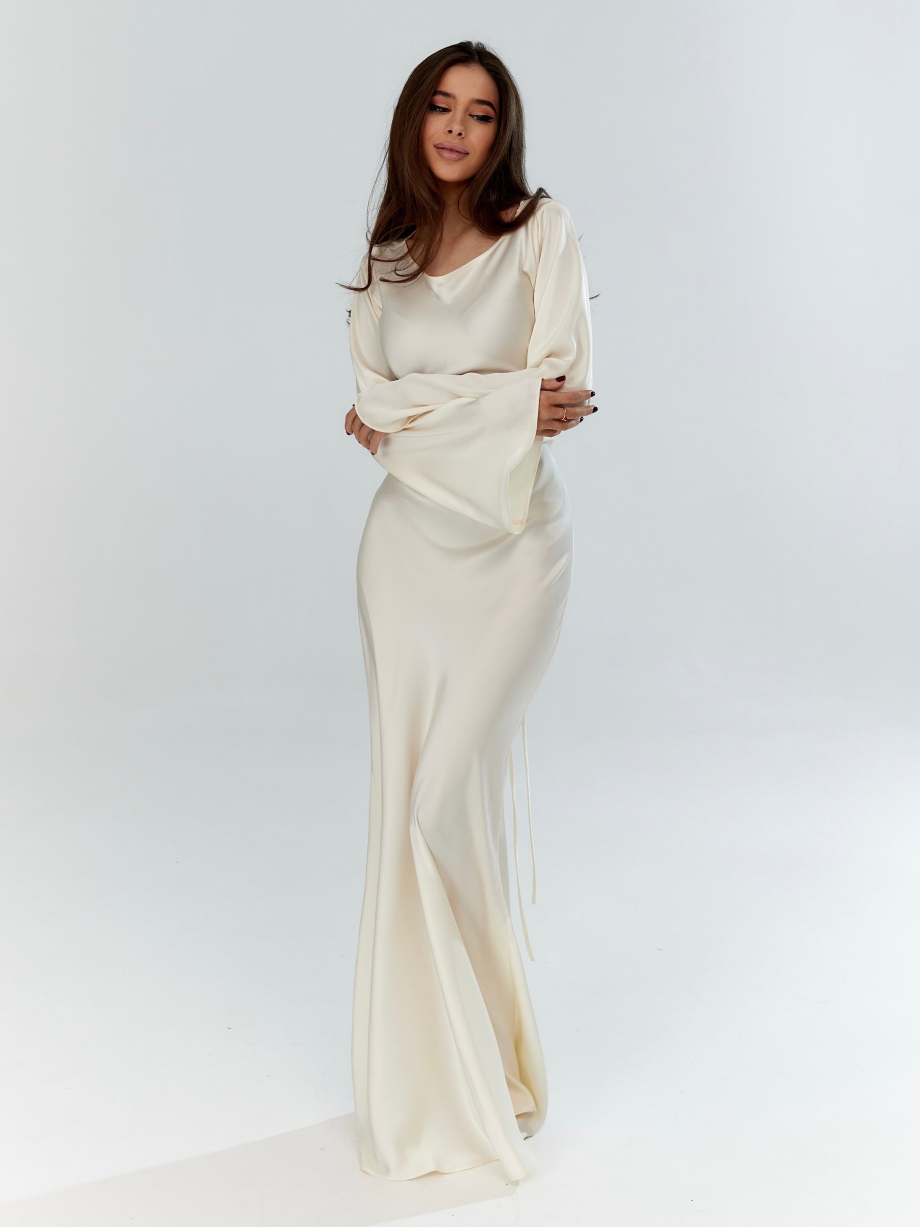Beatrice Holloway | Ivory Satin Maxi Dress with Fluted Sleeves