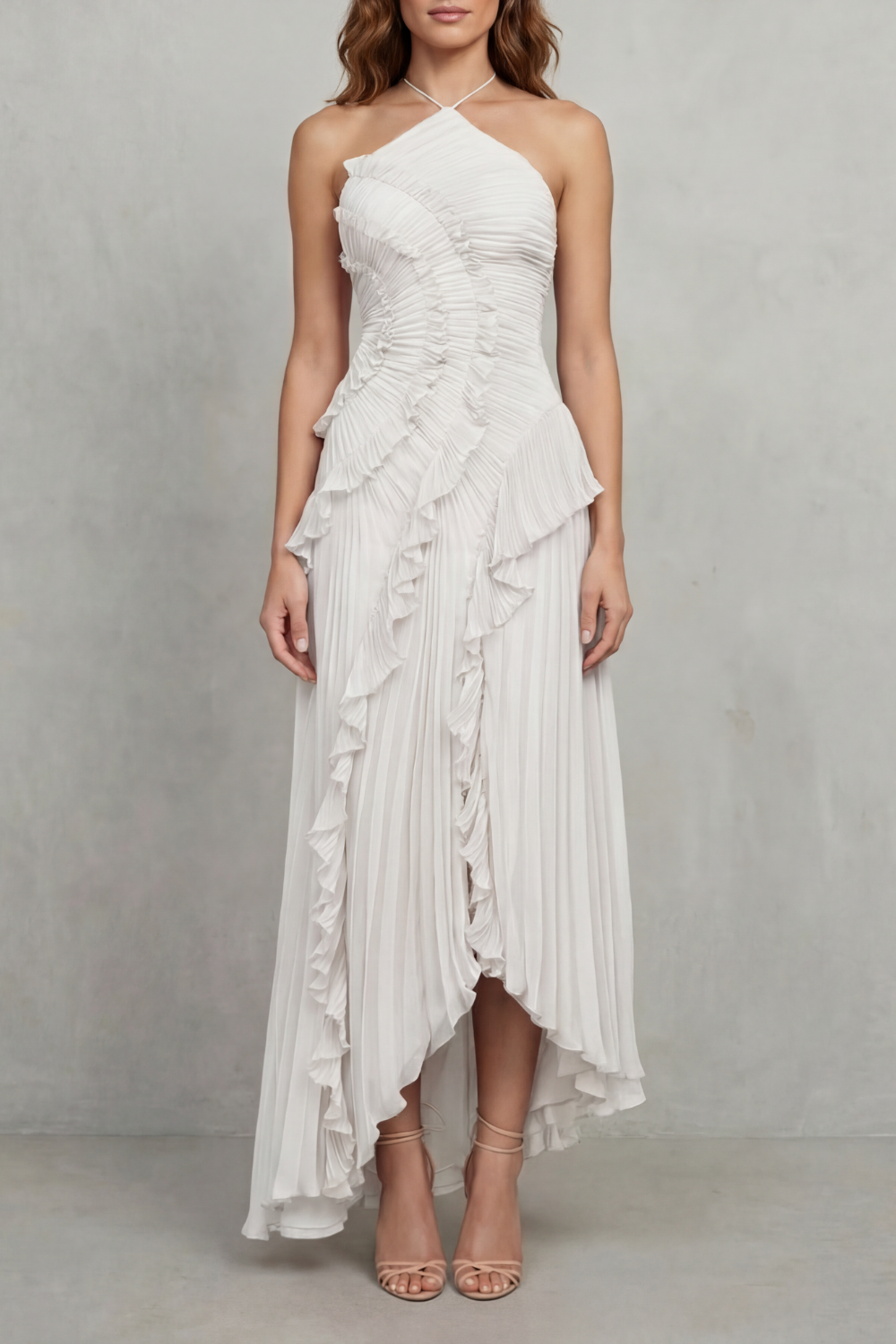 Cordelia Ashton | Sculpted Pleats Halter Midi Dress in Dusty Lilac