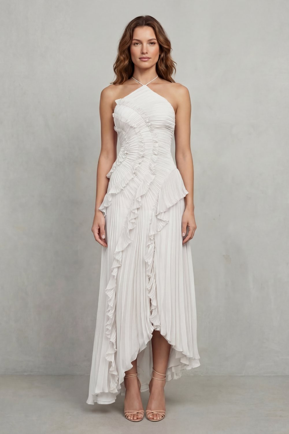 Cordelia Ashton | Sculpted Pleats Halter Midi Dress in Dusty Lilac