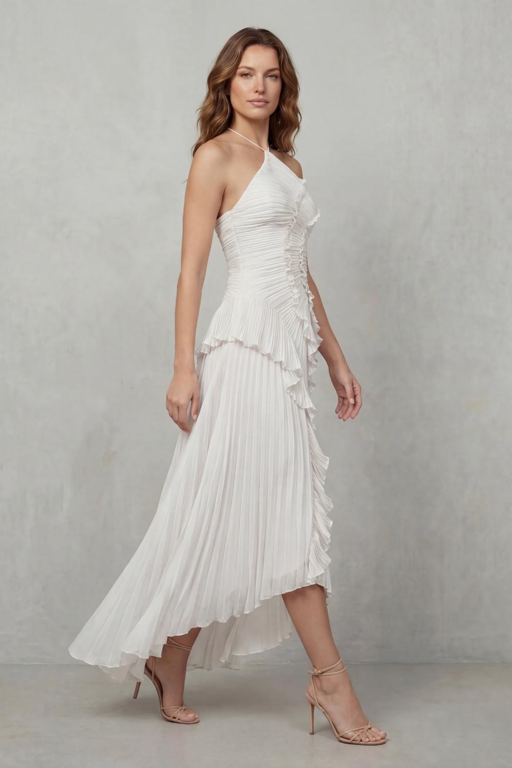 Cordelia Ashton | Sculpted Pleats Halter Midi Dress in Dusty Lilac
