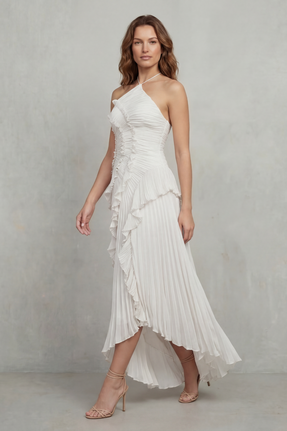 Cordelia Ashton | Sculpted Pleats Halter Midi Dress in Dusty Lilac