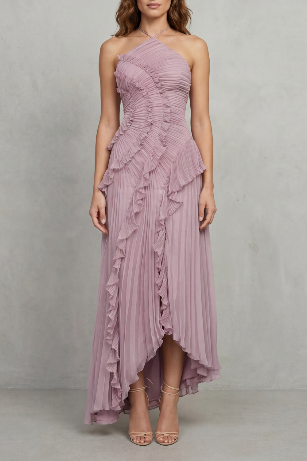 Cordelia Ashton | Sculpted Pleats Halter Midi Dress in Dusty Lilac