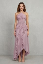 Cordelia Ashton | Sculpted Pleats Halter Midi Dress in Dusty Lilac
