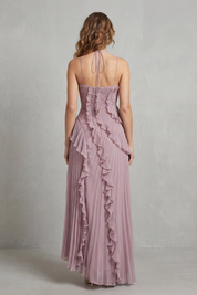 Cordelia Ashton | Sculpted Pleats Halter Midi Dress in Dusty Lilac