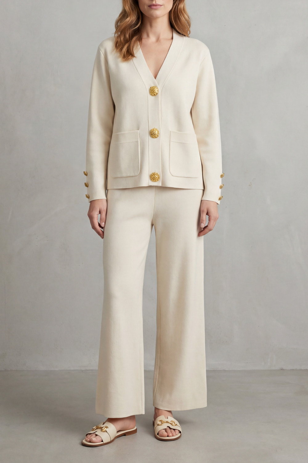 Charlotte Haines | Gold Button Lounge Set with Wide-Leg Trousers