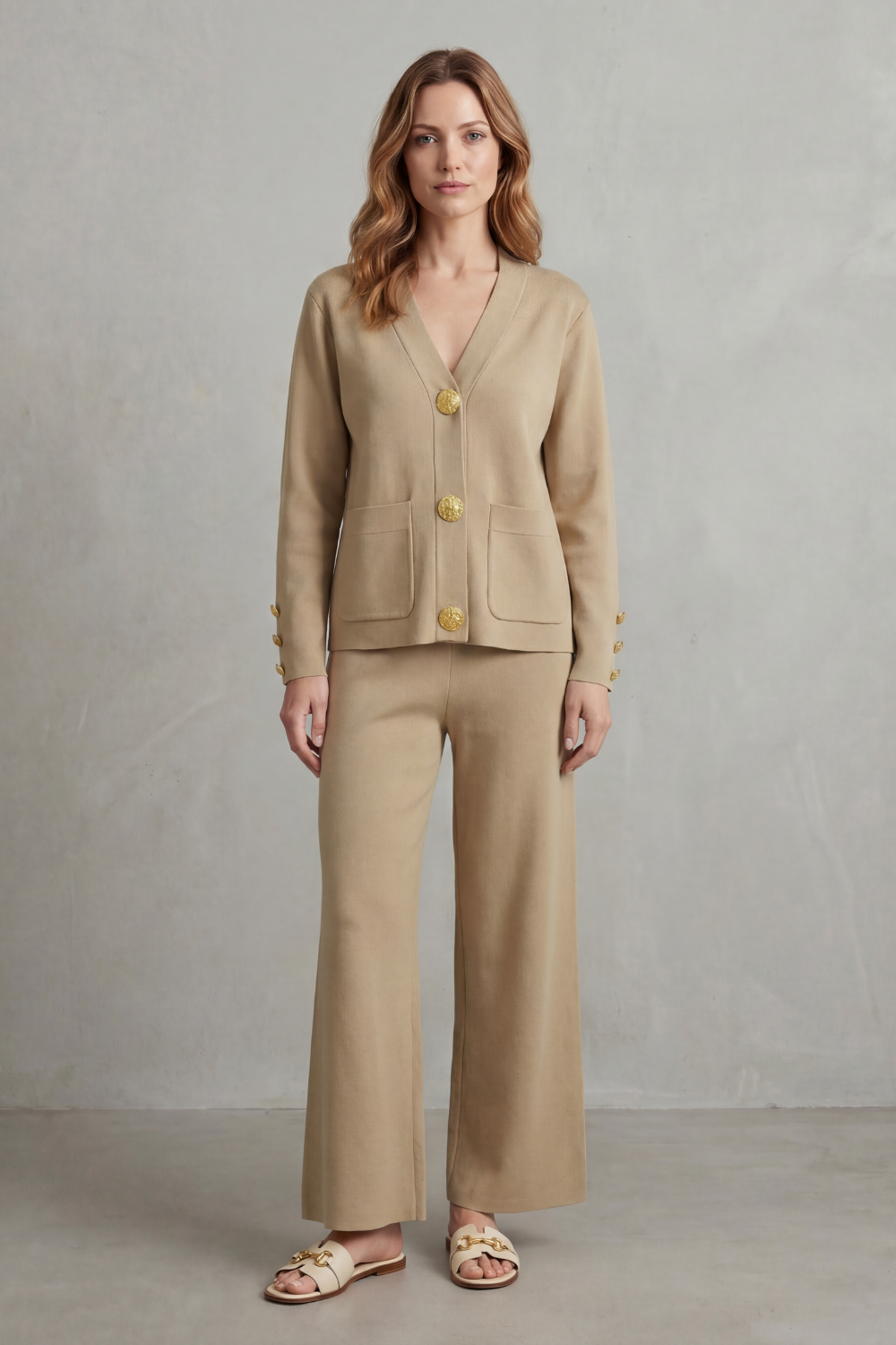 Charlotte Haines | Gold Button Lounge Set with Wide-Leg Trousers