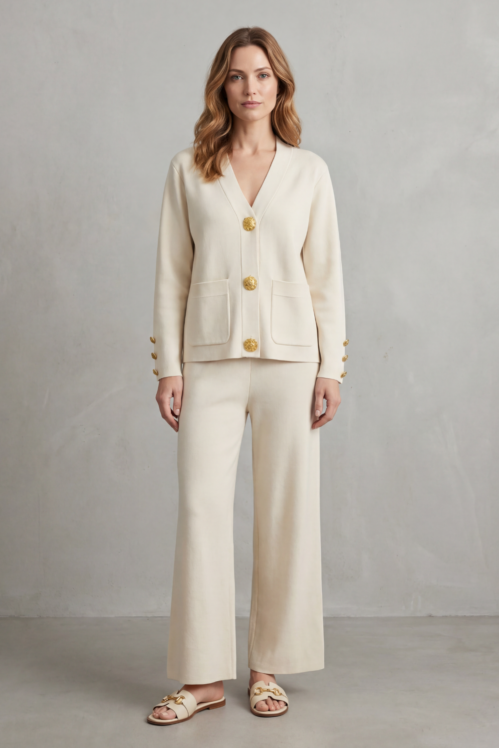 Charlotte Haines | Gold Button Lounge Set with Wide-Leg Trousers