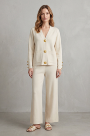 Charlotte Haines | Gold Button Lounge Set with Wide-Leg Trousers