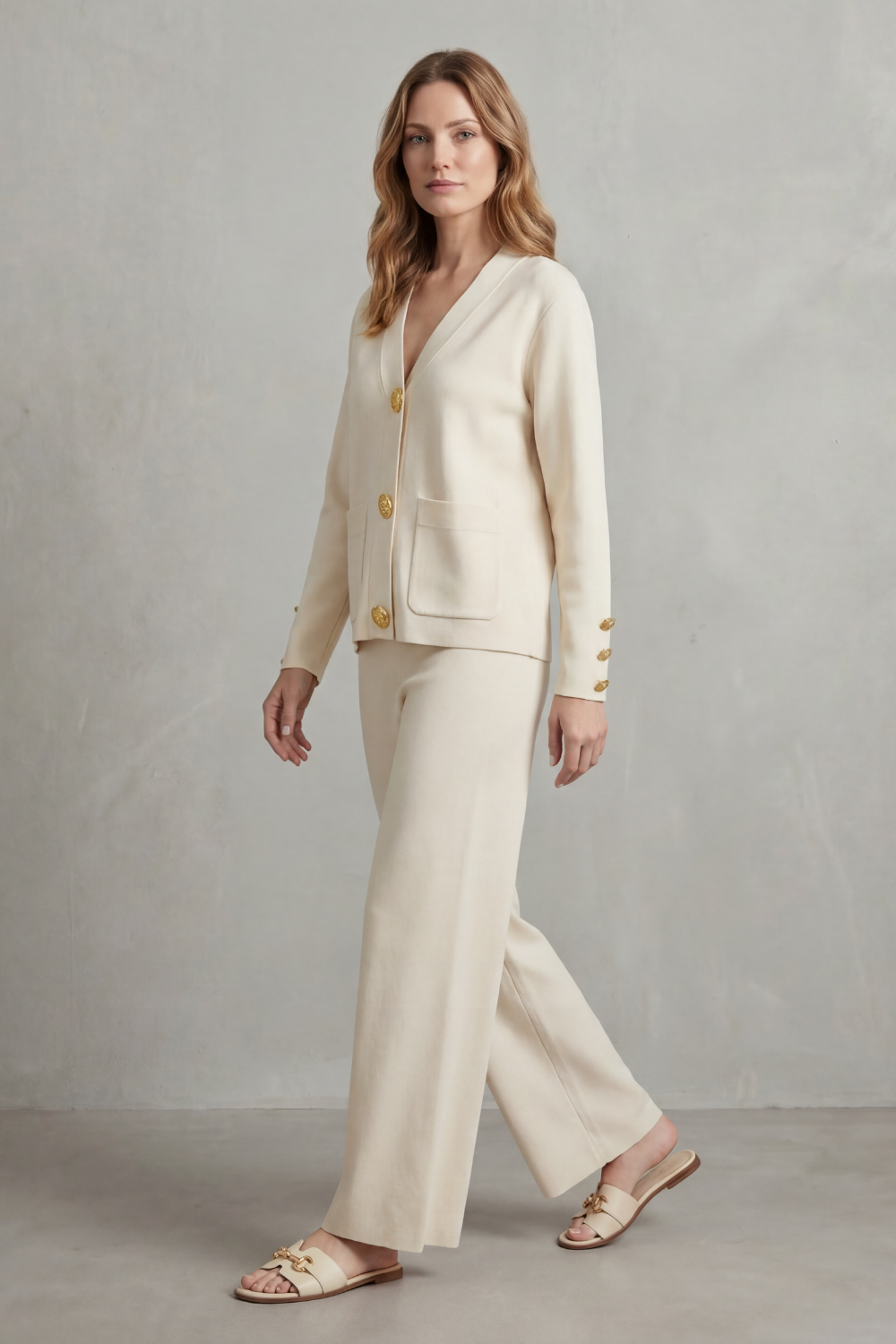 Charlotte Haines | Gold Button Lounge Set with Wide-Leg Trousers
